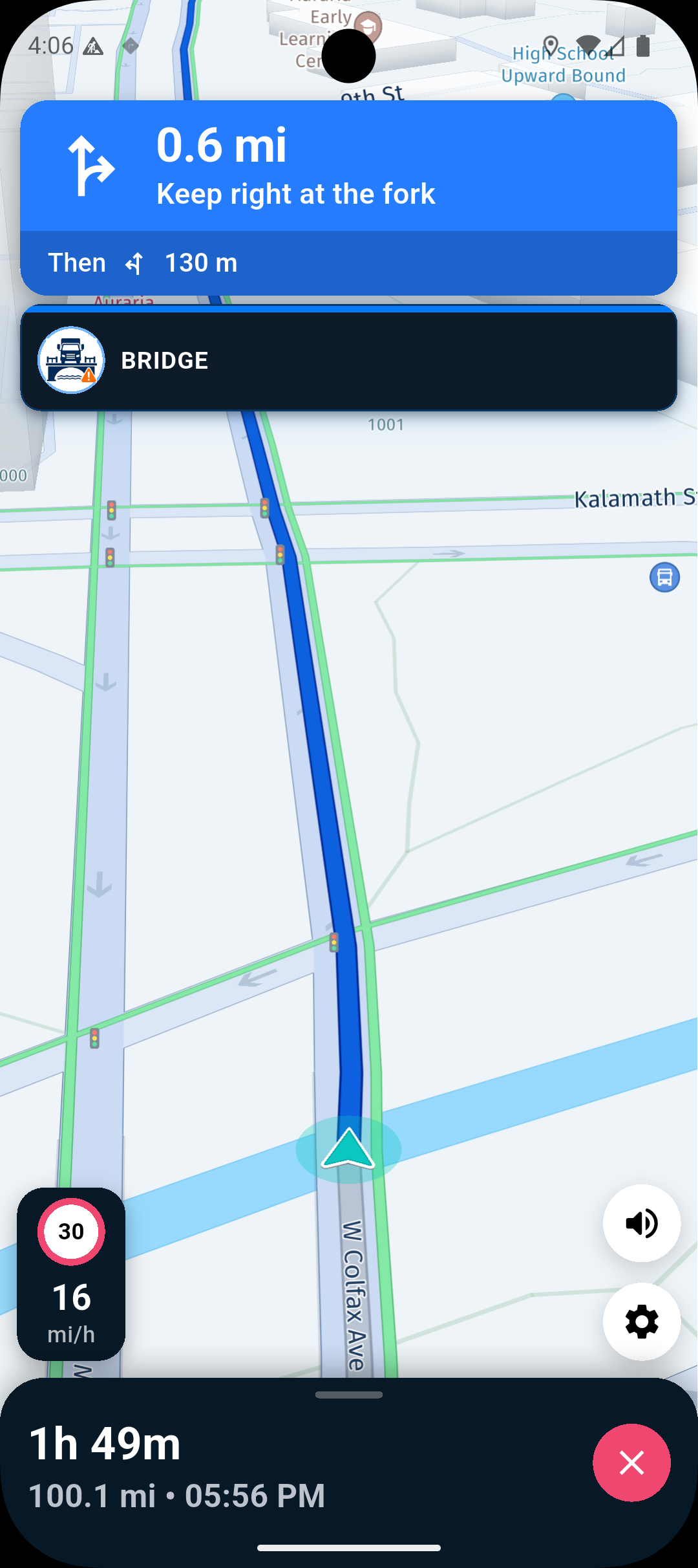 Fleetzio Live Navigation with 13'6 clearance bridge alert on mobile